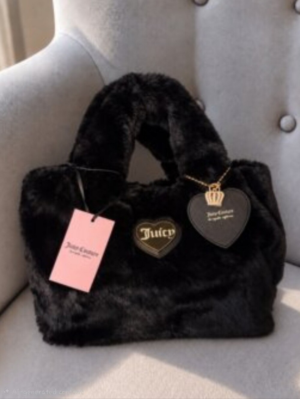 ***RARE BOLSA Juicy Couture Original Black Faux Fur Mini Tote w/Iconic Charms